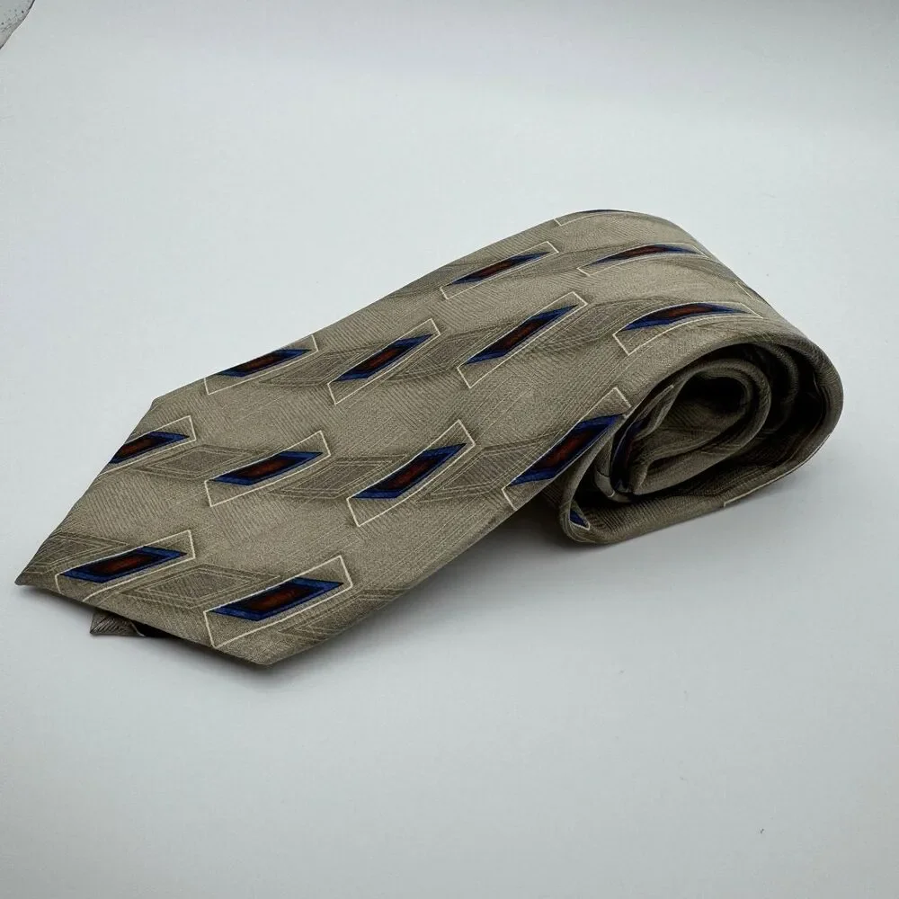JOS A  BANK Men's Tie Corporate Coll Beige Blue Burgundy Geometric Pattern Silk